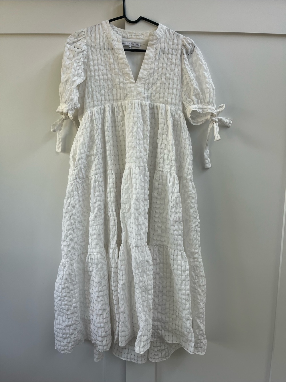 English Factory White Textured Tiered Midi Dress with Tie Sleeves